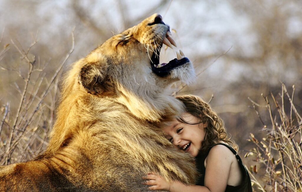 lion, roar, africa, animal, wildcat, wild, cat, fur, carnivores, predator, nature, mane, savannah, serengeti, friends, best friends, human and animal, child, hug, smile, happy, love, domestic animal, wild animal, pet, teeth, fangs, big cat, safari, big game, lion's mane, together, laugh, fun, joke, funny, companionship, cuddle, human, girl, tickle, ticklish, emotion, cute, tarzan, wilderness, photoshop, digital art, image editing, photomontage